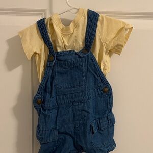 Old Navy Blue Denim Overalls with Yellow Tee
